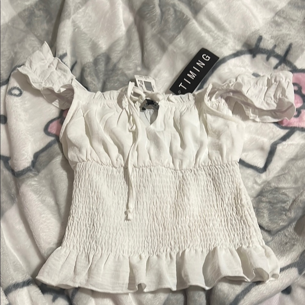 Timing White Smocked Ruffle Blouse